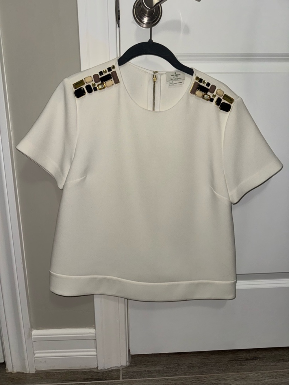 kate spade White Short-Sleeve Top with Gold and Black Shoulder Embellishments
